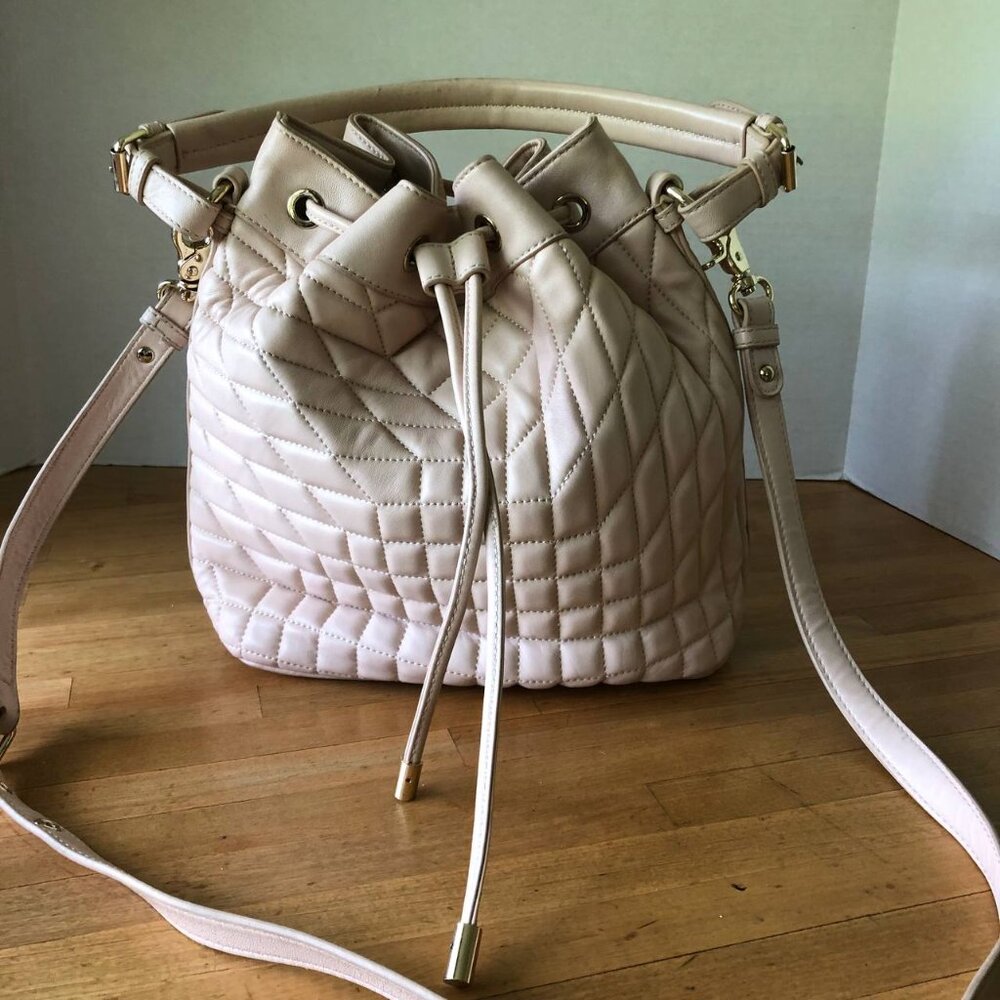 Badgley Mischka Cream With Hint of Pink Quilted Leather Bucket Bag - Picture 2 of 15